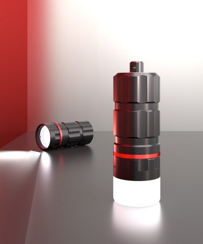 Pandora Lab K1 Signal & Video Tauchlampe eingeschaltet mit und ohne Diffusorkappe von Pandora Lab