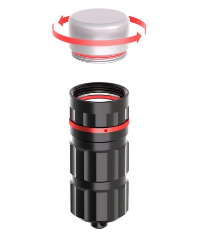 Pandora Lab K1 Signal & Video Tauchlampe mit abgenommener Diffusorkappe und Pfeilmarkierung zum Aufschrauben von Pandora Lab