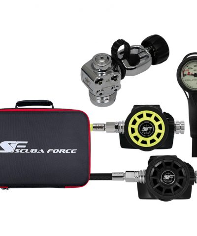 ScubaForce Recreational Set 3 Complete INT Atemregler Set mit Black Devil PRO erster Stufe zwei zweiten Stufen Finimeter und Tasche