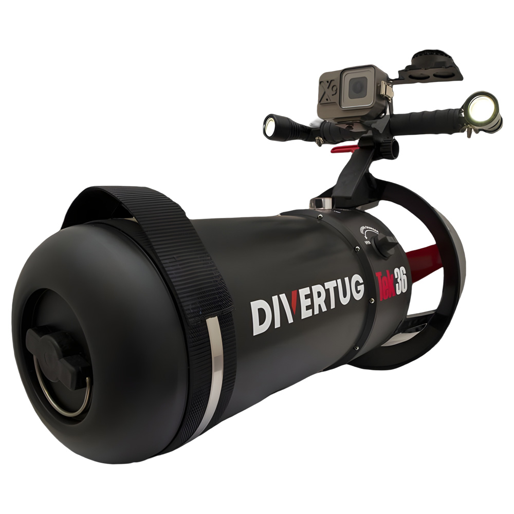 DiverTug Unterwasserscooter Standfuß 2 DiverTug Unterwasserscooter auf Standfuß positioniert