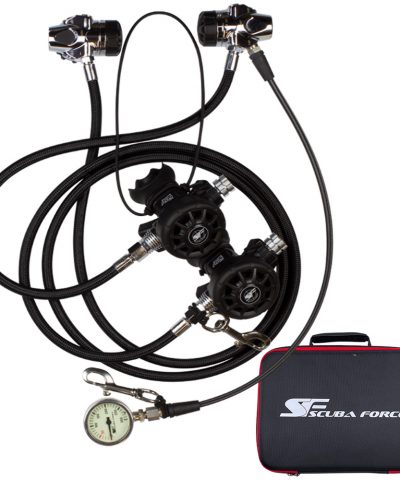 ScubaForce Twin Tec Set 1 Atemregler Set mit Black Devil TEC Stufen Scubaflex Schläuchen SPG und Tasche