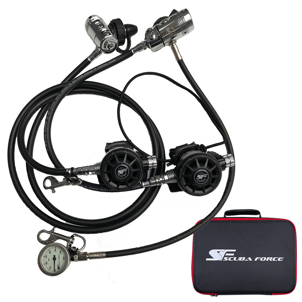 Scuba Force Twin Tec Set 2 2 ScubaForce Twin Tec Set 2 Atemregler Set mit Black Devil SM Stufen Gummi Schläuchen SPG 300 und Tasche