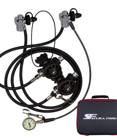 ScubaForce Twin Tec Set 3 Atemregler Set mit Black Devil PRO Stufen Scubaflex Mitteldruckschläuchen SPG 300 und Tasche