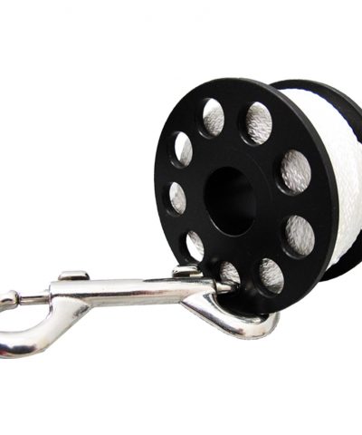 DiveSystem Spool Delrin Fingerspool Seitenansicht mit Edelstahl Karabiner von DiveSystem