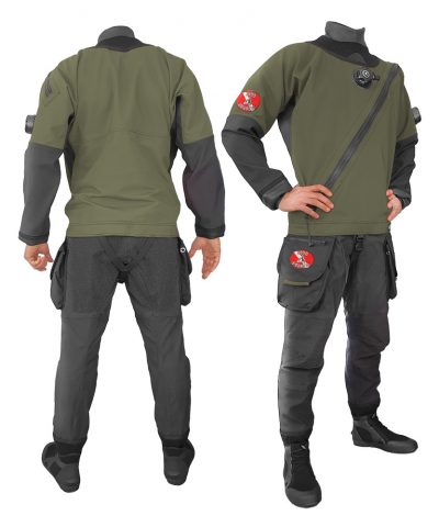 DiveSystem Solo Adventurer 414 Trockentauchanzug Front und Rückansicht NATO Grün von DiveSystem