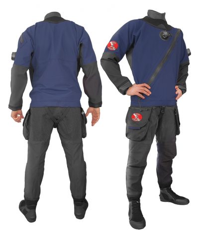 DiveSystem Solo Adventurer 414 Trockentauchanzug Front und Rückansicht Navy Blau von DiveSystem