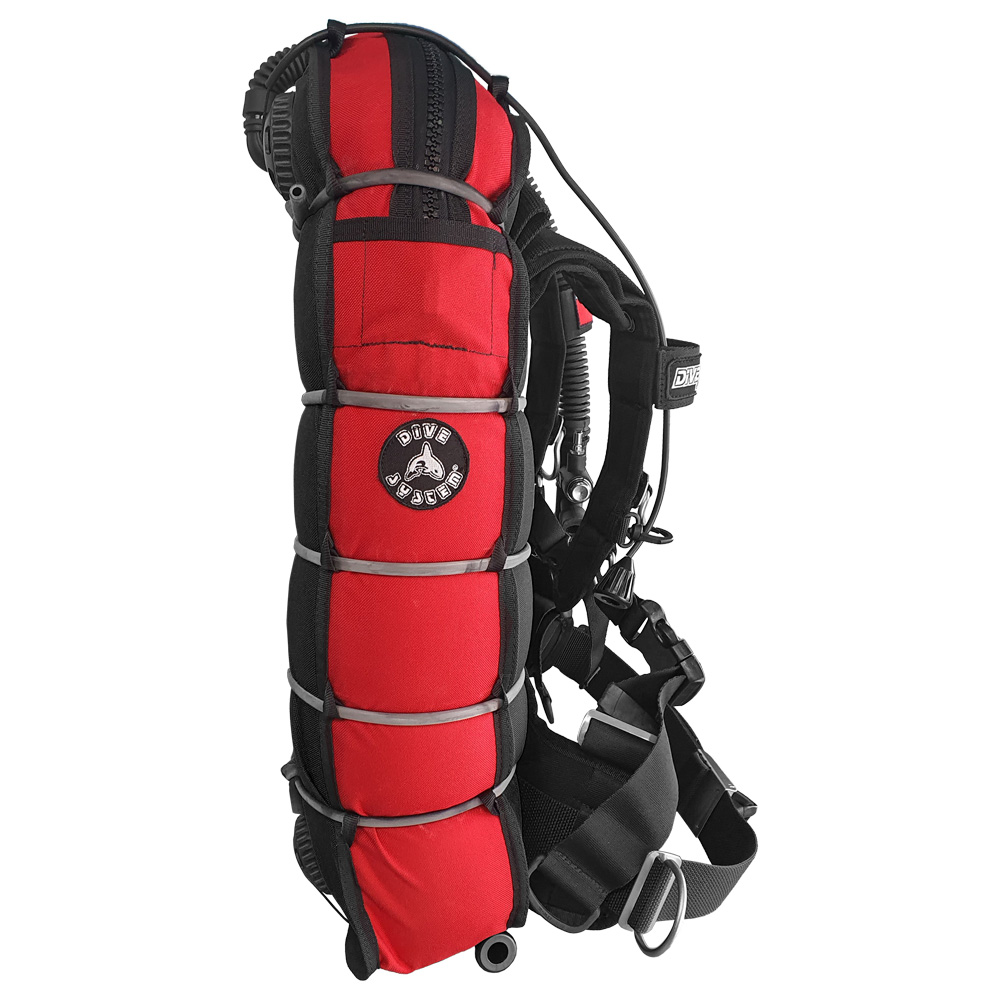 DiveSystem Fly Tech Wing-Jacket 2 DiveSystem Fly Tech Wing Jacket Seitenansicht rot mit Bungee System von DiveSystem
