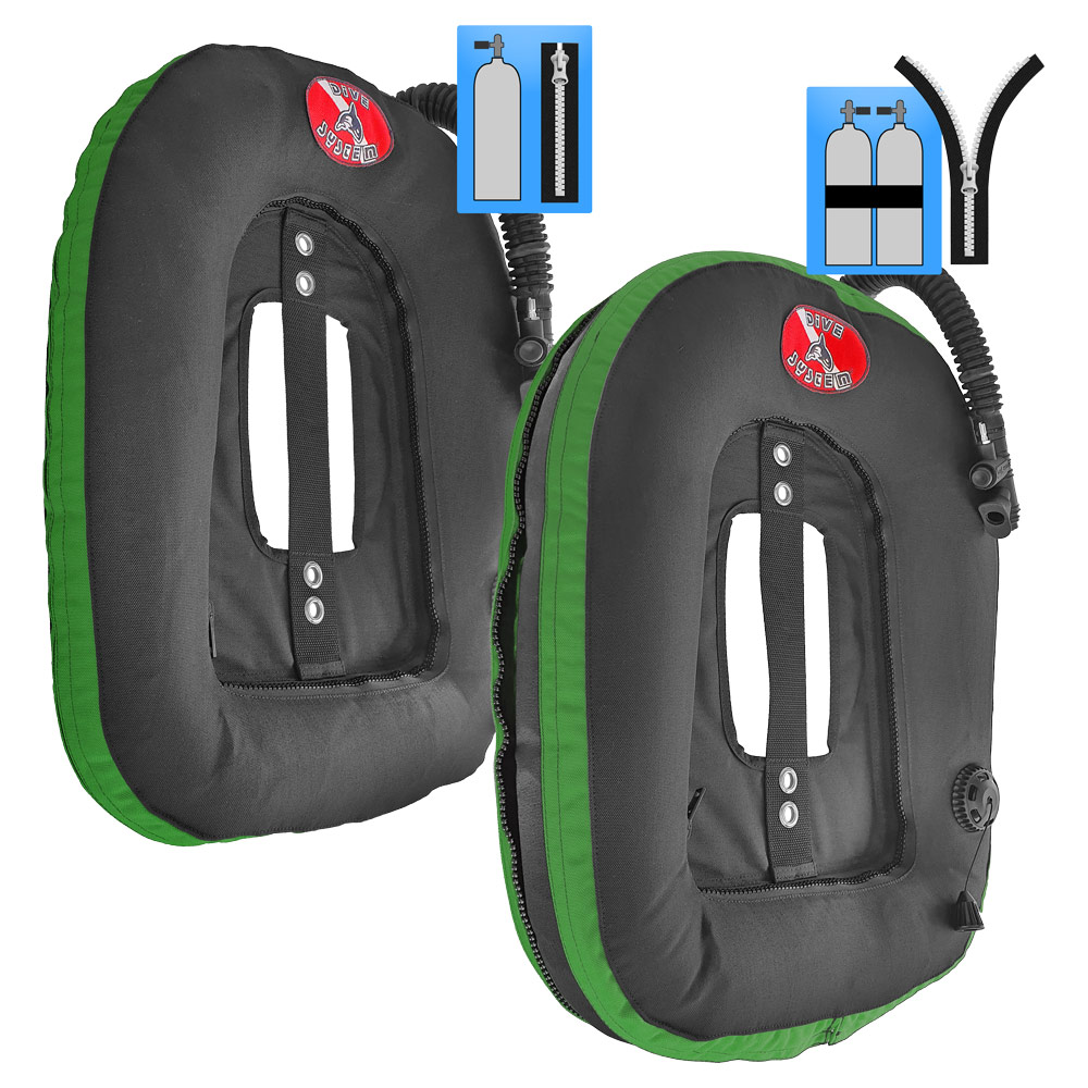 DiveSystem MoBi Wing-Blase erweiterbarer Donut 2 DiveSystem Mod Quickly MoBi Blase Wing Einzelflasche und Doppelflasche grüne Variante von DiveSystem