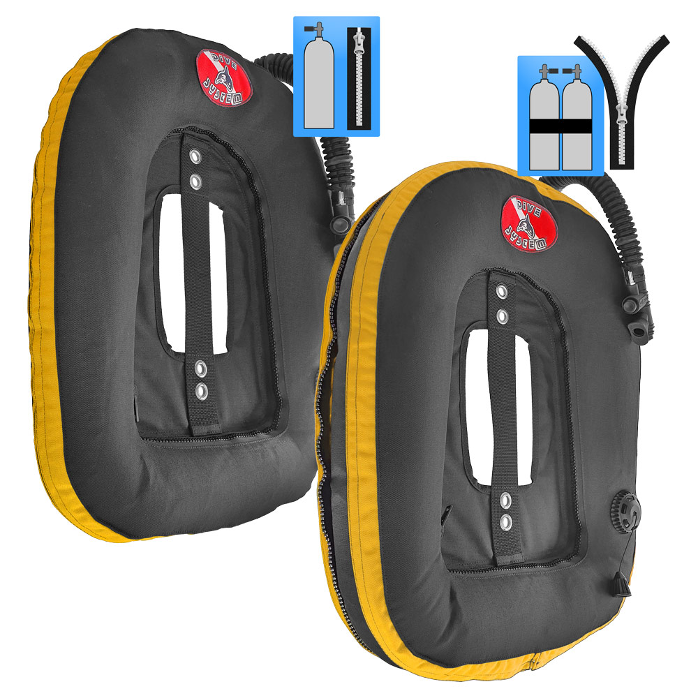 DiveSystem MoBi Wing-Blase erweiterbarer Donut 5 DiveSystem Mod Quickly MoBi Blase Wing Einzelflasche und Doppelflasche gelbe Variante von DiveSystem