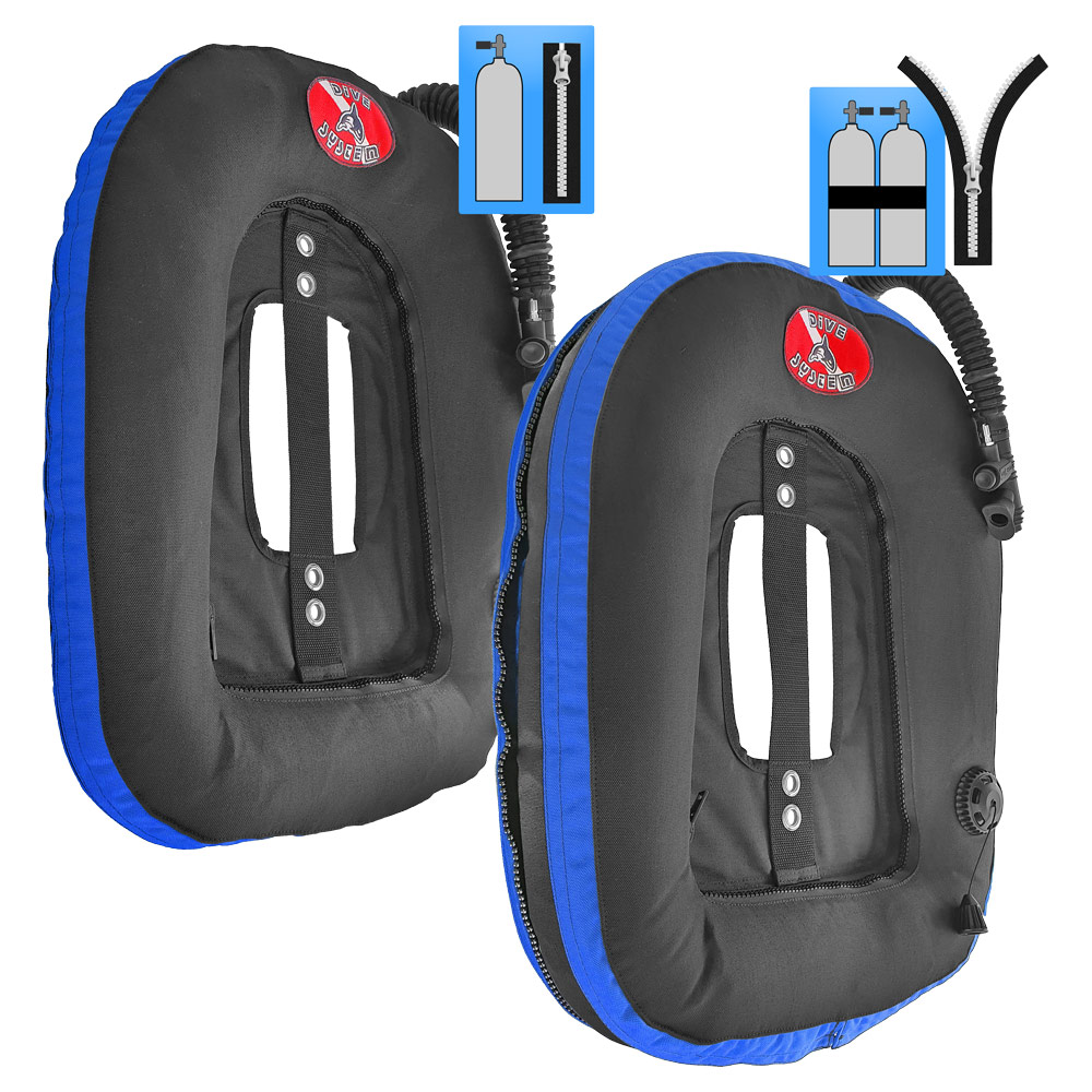 DiveSystem MoBi Wing-Blase erweiterbarer Donut 3 DiveSystem Mod Quickly MoBi Blase Wing Einzelflasche und Doppelflasche blaue Variante von DiveSystem